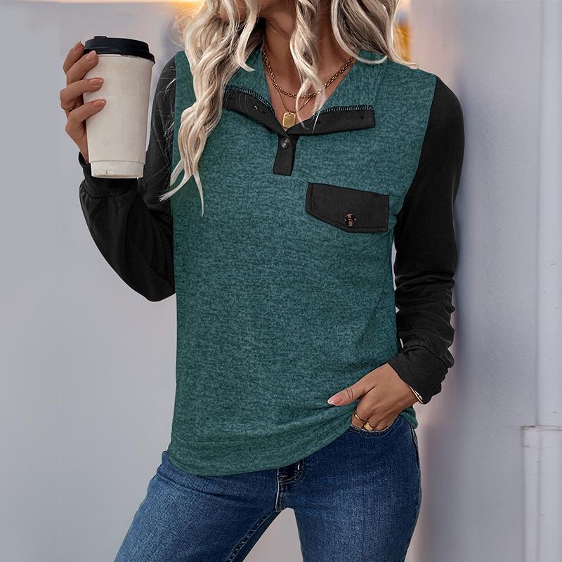European and American Color Block Patchwork Zipper Hoodie: Women's Autumn/Winter Casual Versatile Pullover with Lapel.
