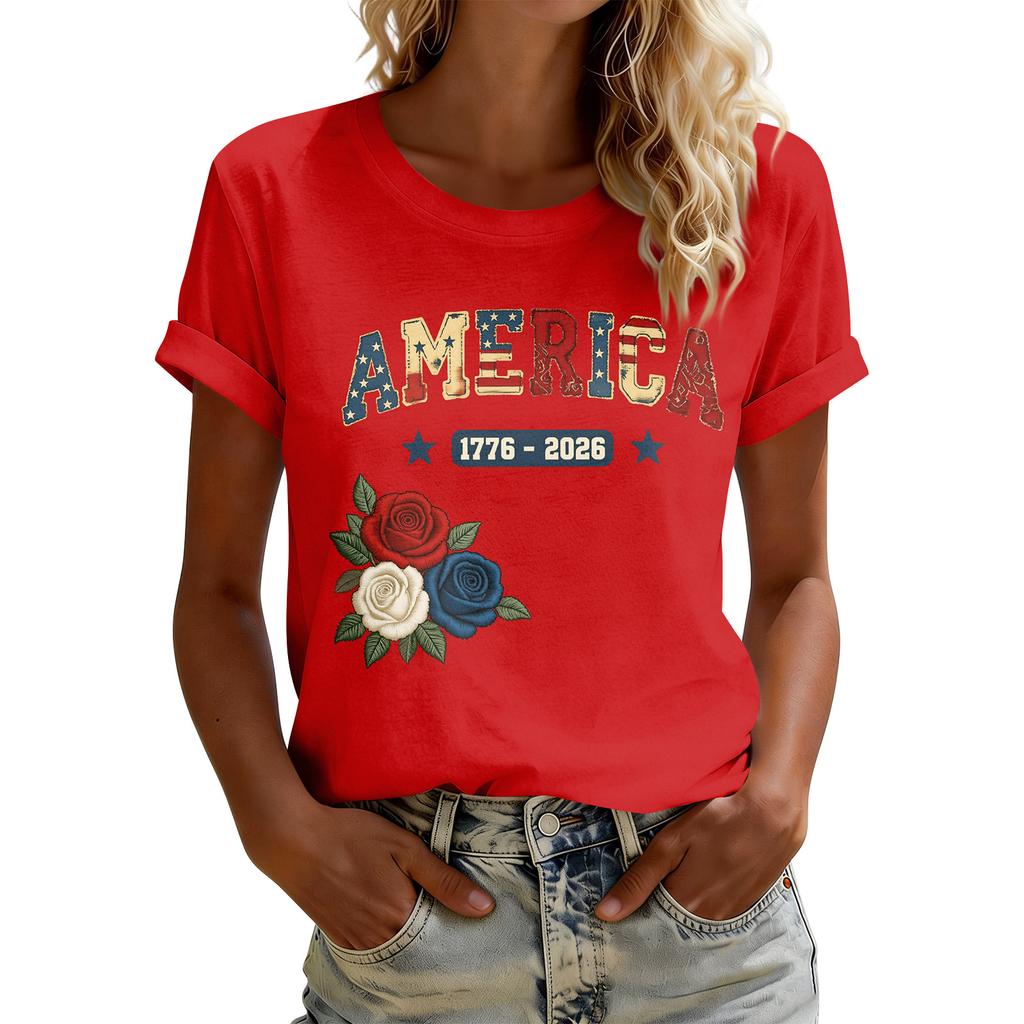 Women's American Floral Patchwork Print Casual T-Shirt 250Th Anniversary USA Shirt Patriotic Tshirt