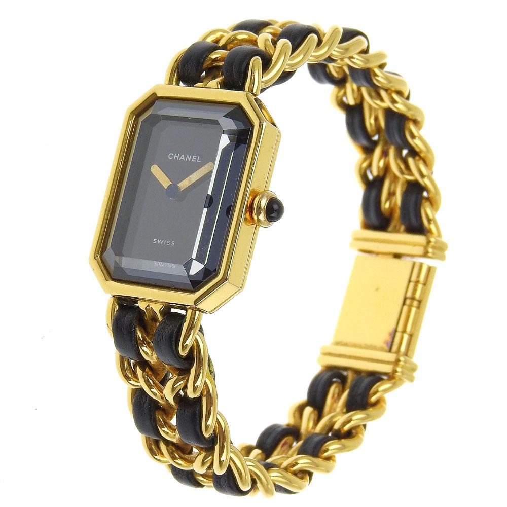 Chanel Premiere M Watches H0001 blackDial Plated Gold/Embossed Leather Quartz Analog Display Women Used