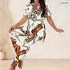 Women Plus Size Two Piece Pants Set Round Neck Short Sleeve Printed Longline Top And Fitted Long Pants