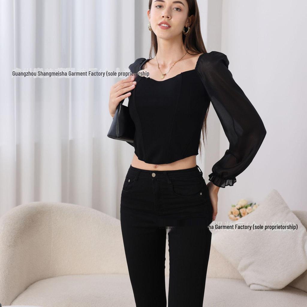 European and American Style Sexy Long-Sleeve Corset Tube Top with Chest Pads, Slimming Off-Shoulder Design for Women - Autumn Wear