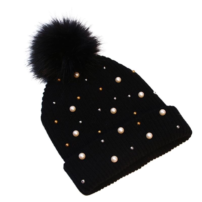 

Trendy Pearl Pompom Woolen Hat Beanie Hat Knit Hat All-match Thicken Earprotect for Halloween Xmas Thanksgiving New Year чорний