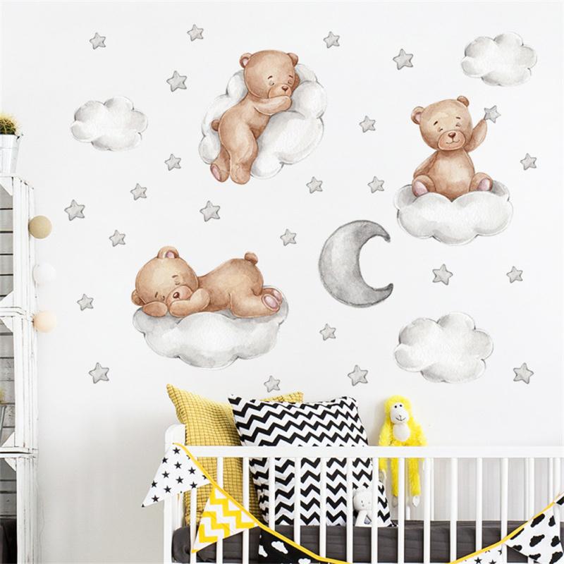 Cartoon Bear Wall Stickers Moon Clouds Stars Removable Wallpaper For Kids Room Home Wall Decoration