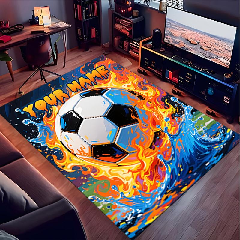 1PC Custom Name Soccer Ball Fire Theme Floor Mat Ideal for Living Room, Game Rooms, Office, Bedroom, Office Floor Mat , Floor Mats for Home