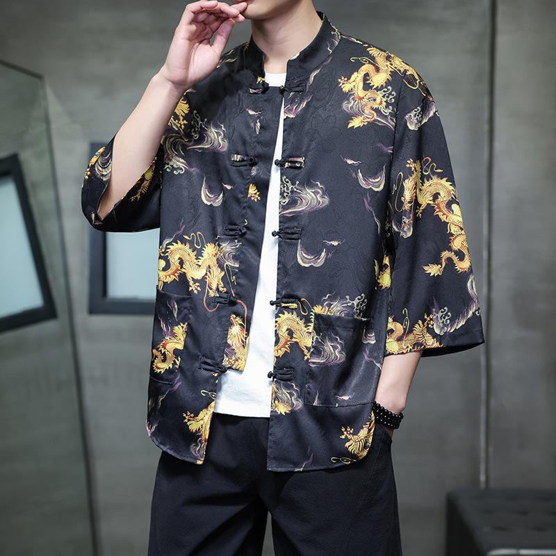 Chinese style ice silk seven-quarter-sleeved shirt men's Tang suit buckle Hanfu large size printed short-sleeved shirt ethnic style