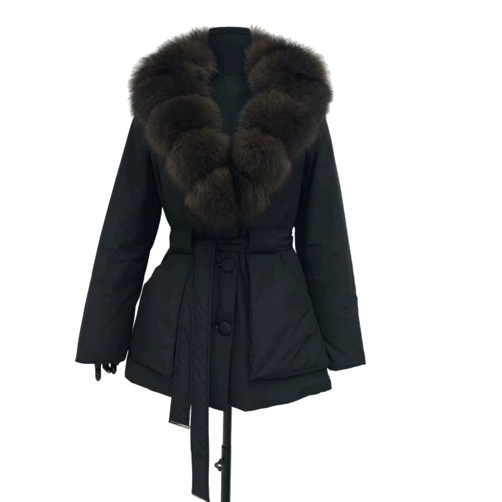 Giacca invernale nuova con collo in vera pelliccia di volpe e piumino d'anatra da donna, lunghezza media e lunga, alla moda, vestibilità ampia, ispessita, calda