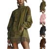 Women's Solid Color High Neck Loose Pocket Tassel Long Sleeved Suede Dress