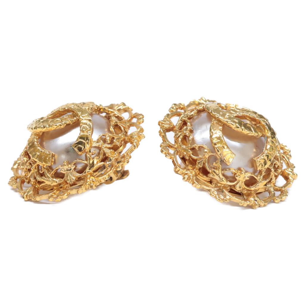 CHANEL 2 9 Vintage CC Logos Faux Baroque Pearl Lava Earring goldUsed