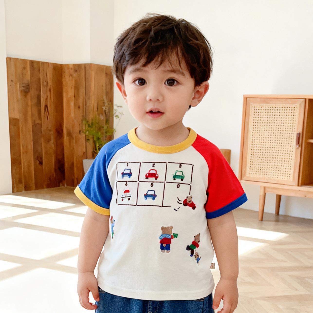 

2026 Summer Cartoon Cars Patchwork Short Sleeve T-shirt for Boys & Girls 110 cm