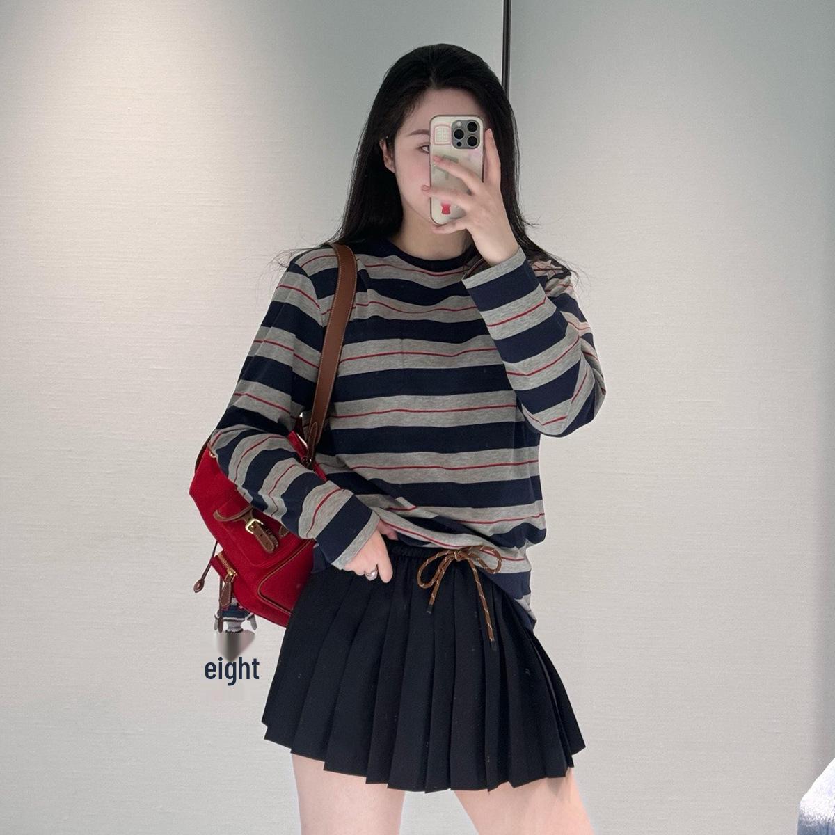 Miu Style Autumn New Arrival Striped Embroidered Logo Cotton Long Sleeve Women s Top M серый