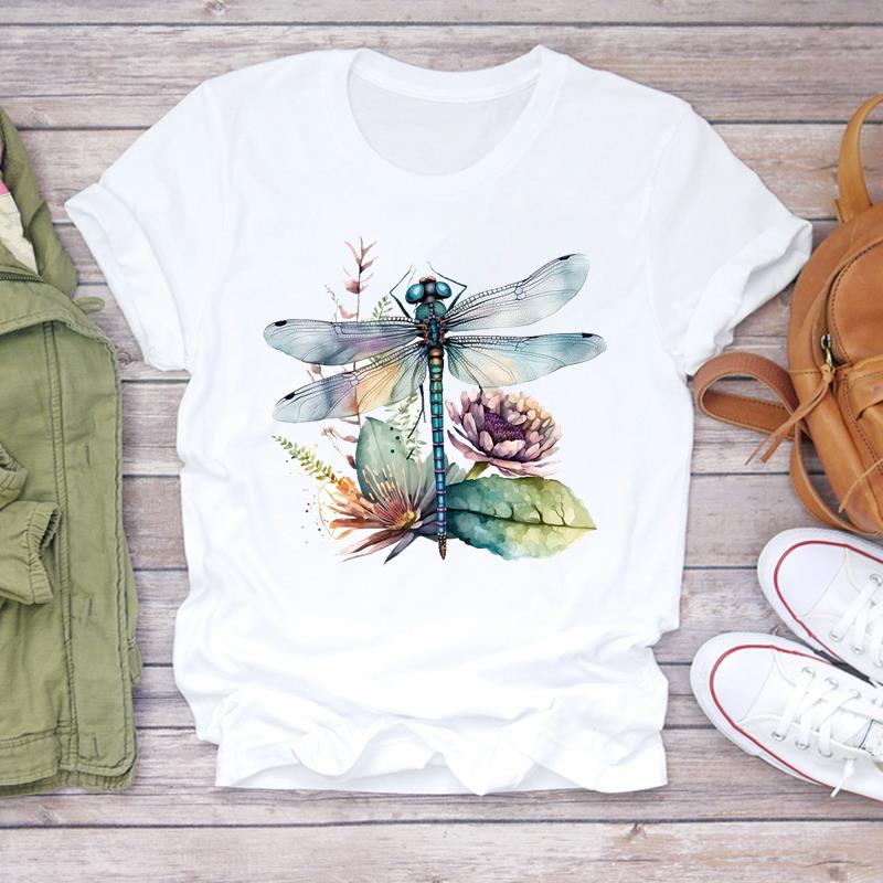 Women Print Lady Tee Top Dragonfly Flower Trend 90s Clothing Casual Short Sleeve Fashion Tshirt Female Graphic T-shirts