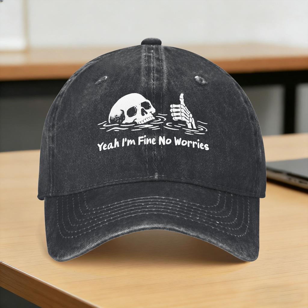 Yeah I'M Fine No Worries Sarcastic Skeleton Casual Baseball Cap Spring Trucker Hat Sun-Proof Outdoor Sports Snapback Cap
