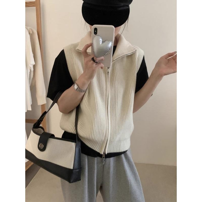 Dámská pletená kardiganová vesta na podzim a zimu s dvojitým zipem