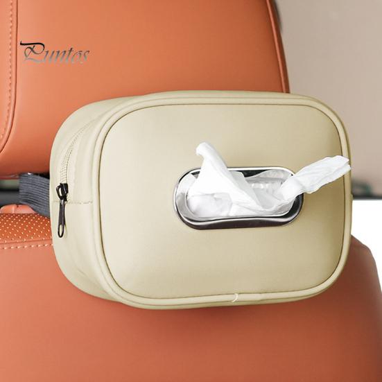 Car Tissue Holder Storage Box Zipper Closure Solid Color Easy To Clean Hanging Paper Towel Storage Box Car Interior Decor