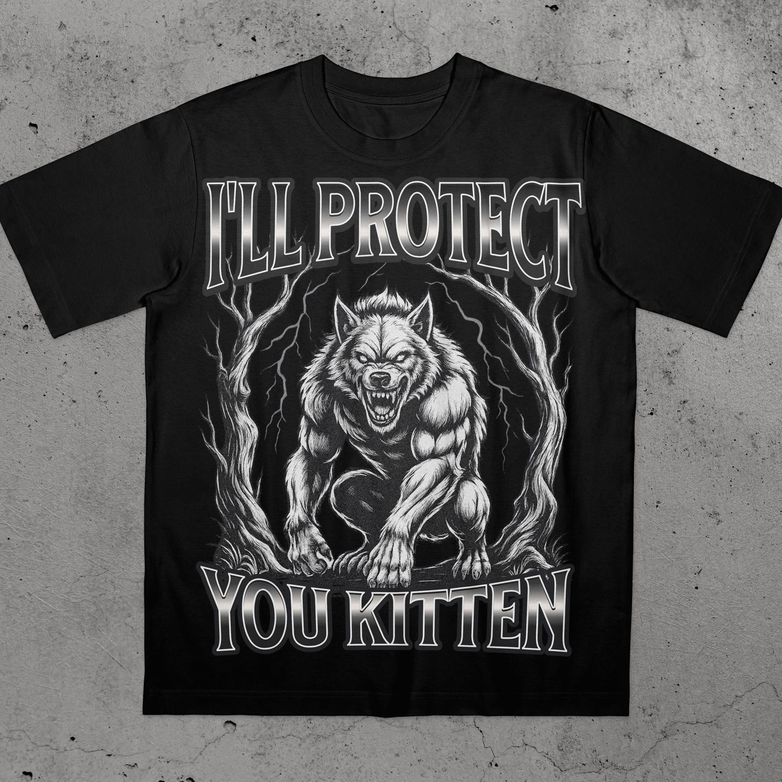 Funny Werewolf Meme I ll Protect You Kitten Alpha Wolf T-Shirt XL