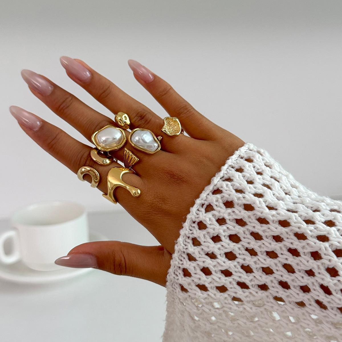 Персонализированное преувеличенное кольцо с имитацией жемчуга, ручное украшение, ретро нерегулярный набор колец с жидкой лавой