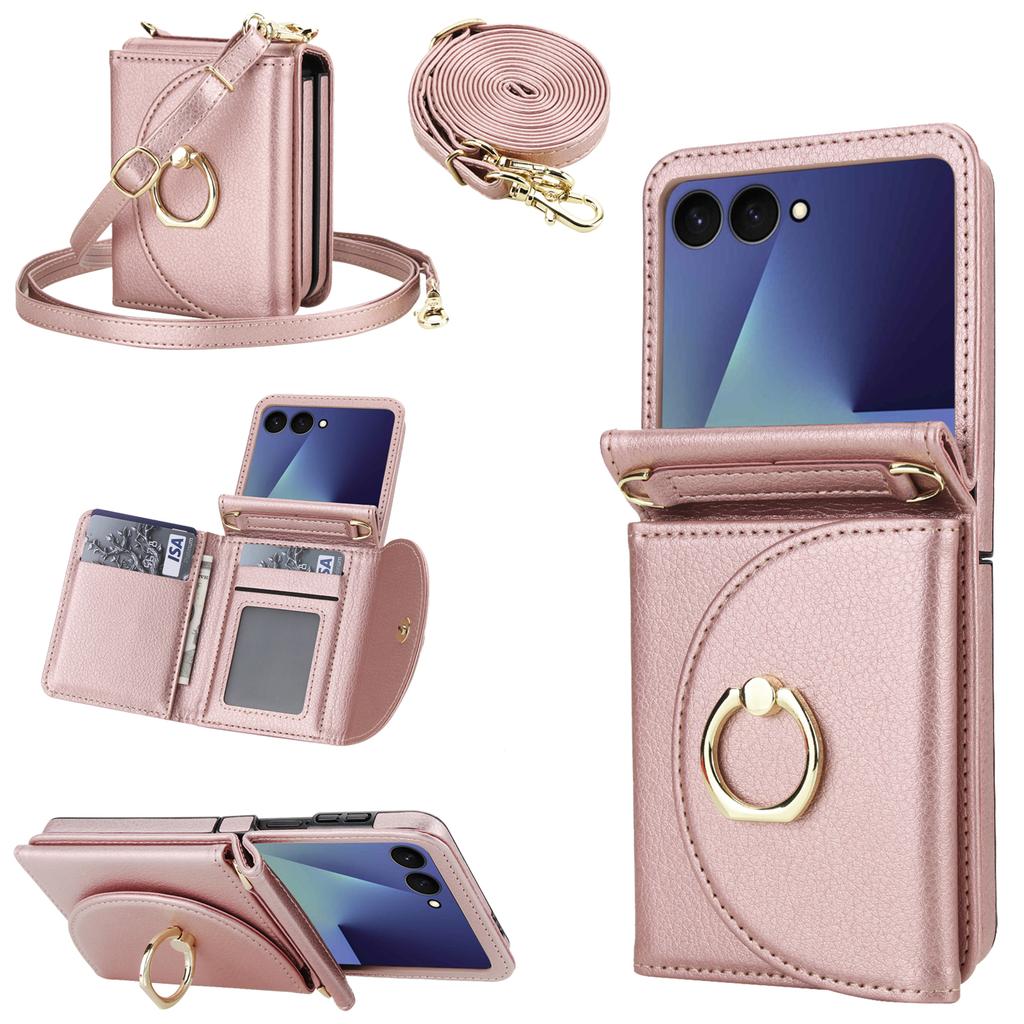 Crossbody Ring Holder Cards Solt Wallet Flip Leather Phone Case For Samsung Galaxy Z Flip 7 6 5 4 3 7FE Adjustable Strap Cover