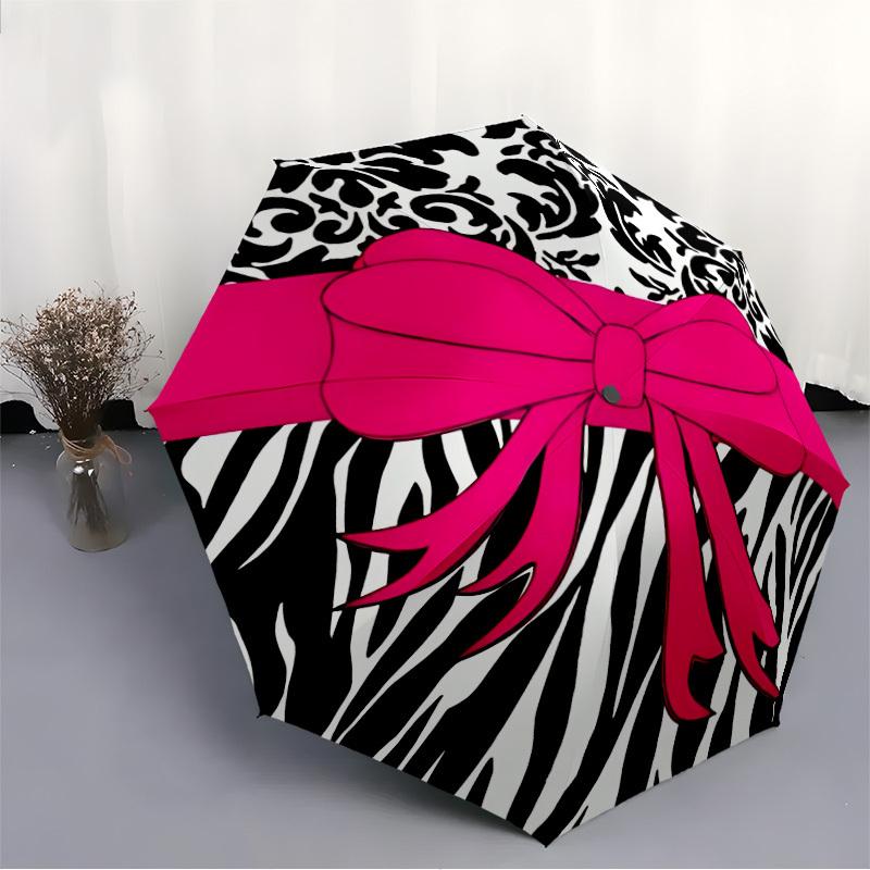 1pc Zebra Print Bow Automatic Folding Umbrella - Portable Collapsible Design, 8-Rib Iron Frame, Durable Fabric Yy251125009
