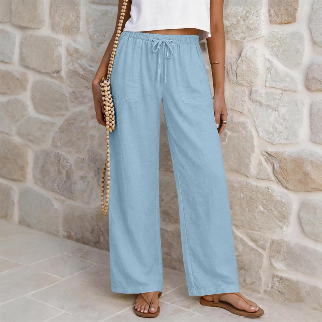 Women’s Casual High Waist Drawstring Straight Leg Wide Leg Pants Relaxed Fit Trousers with Pockets for Daily Wear