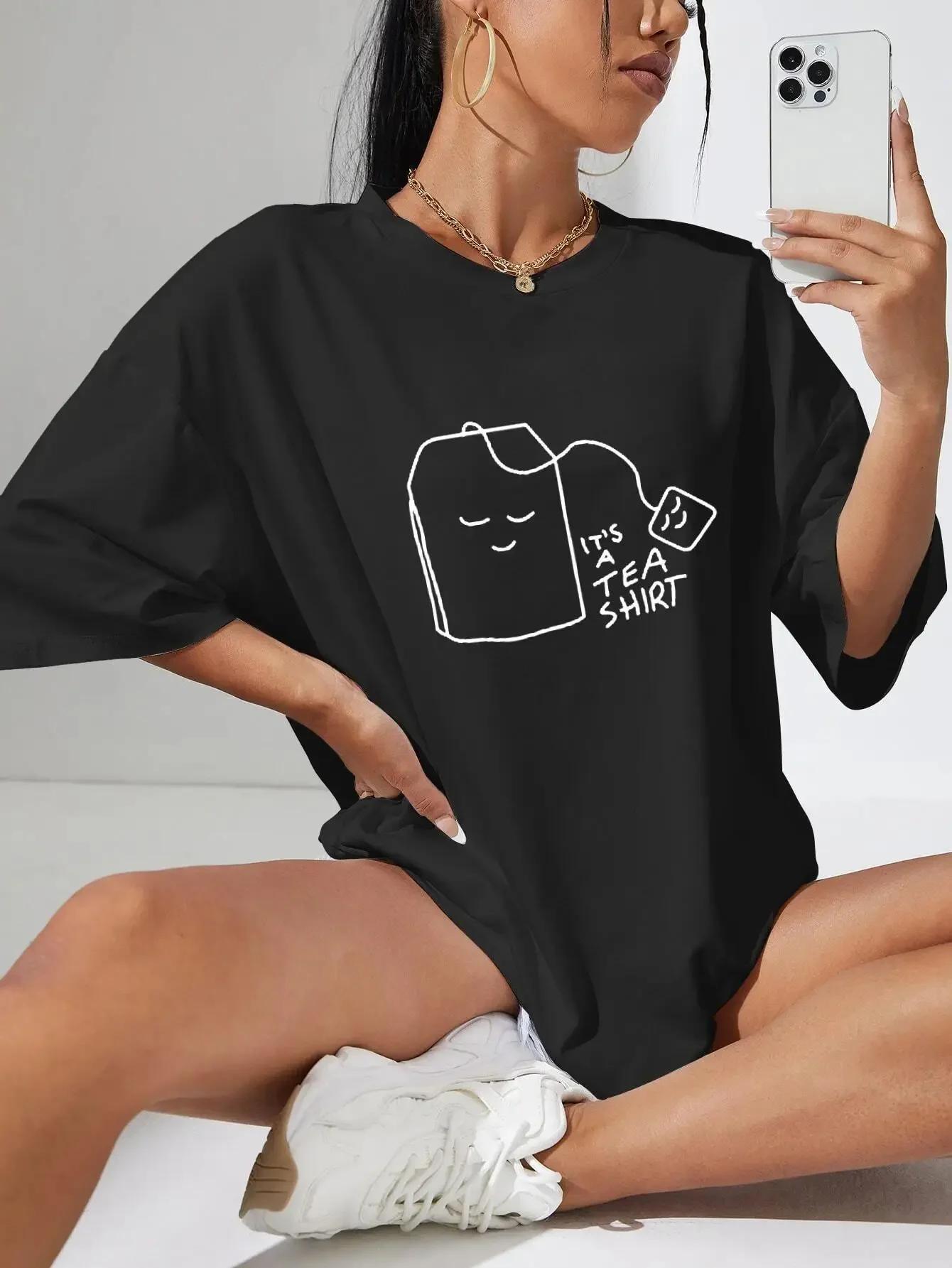 

100% хлопок женские футболки It s Tea Shirt Letter Printed Tees Повседневные мягкие топы с коротким рукавом Свободная удобная уличная одежда 3XL