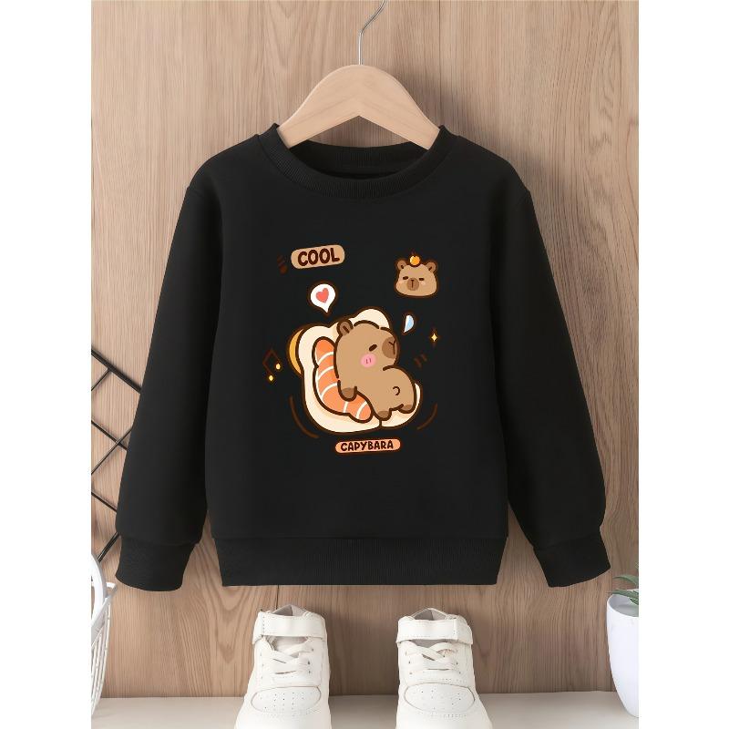 European sizes Cute Capybara Fun Print Crewneck Sweatshirt, Casual Top for Kids, Simple and Trendy Design with Cartoon Bear Hugging Salmon Pattern