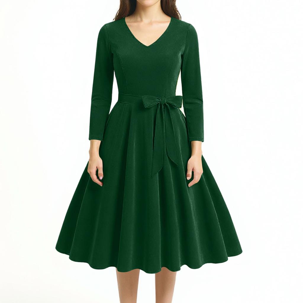 Women's Casual Fashion V-neck Long Sleeved Retro Christmas Print Retro Dress