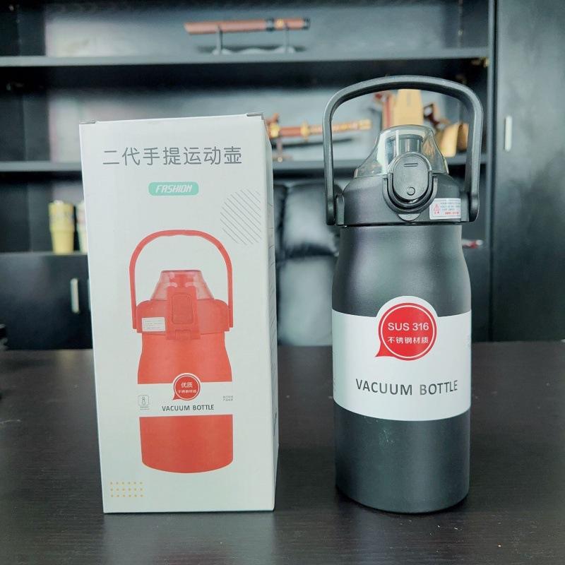 

New 316 stainless steel large-capacity thermal insulation pot double-layer vacuum portable outdoor travel belt straw thermos cup 1000ML чорний