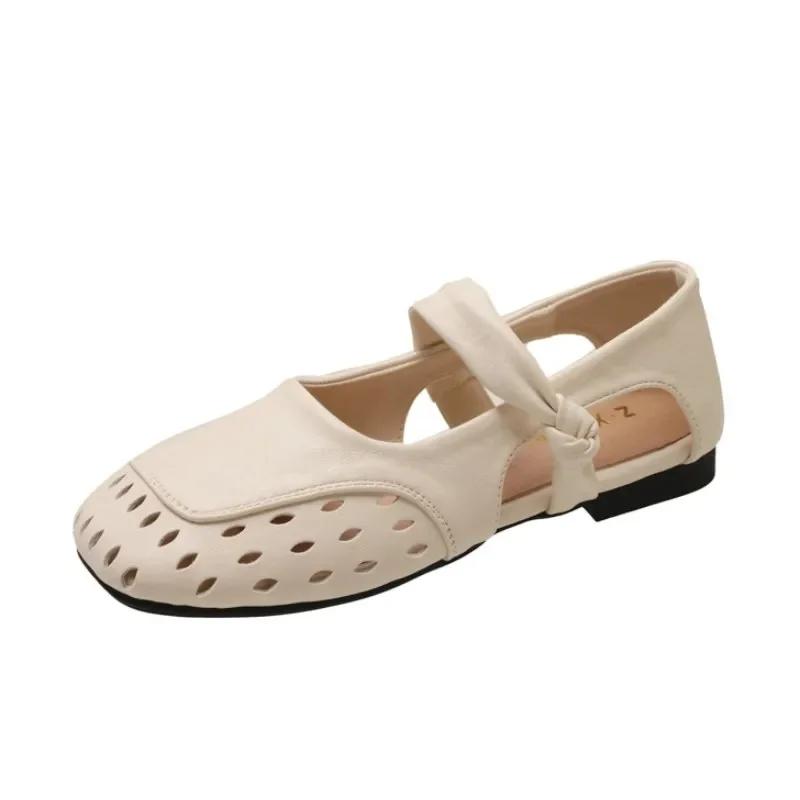 Women's Soft Bottom Mary Jane Sandals Summer Hollow Out Flat Ballet Style Shoes Korean Style Solid Color Slip-On Single Shoes