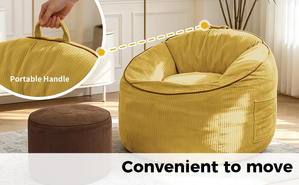 Ergonomic Curved Bean Bag Chair with Detachable Storage Pocket and Matching Cylindrical Ottoman for Modern Home Comfort