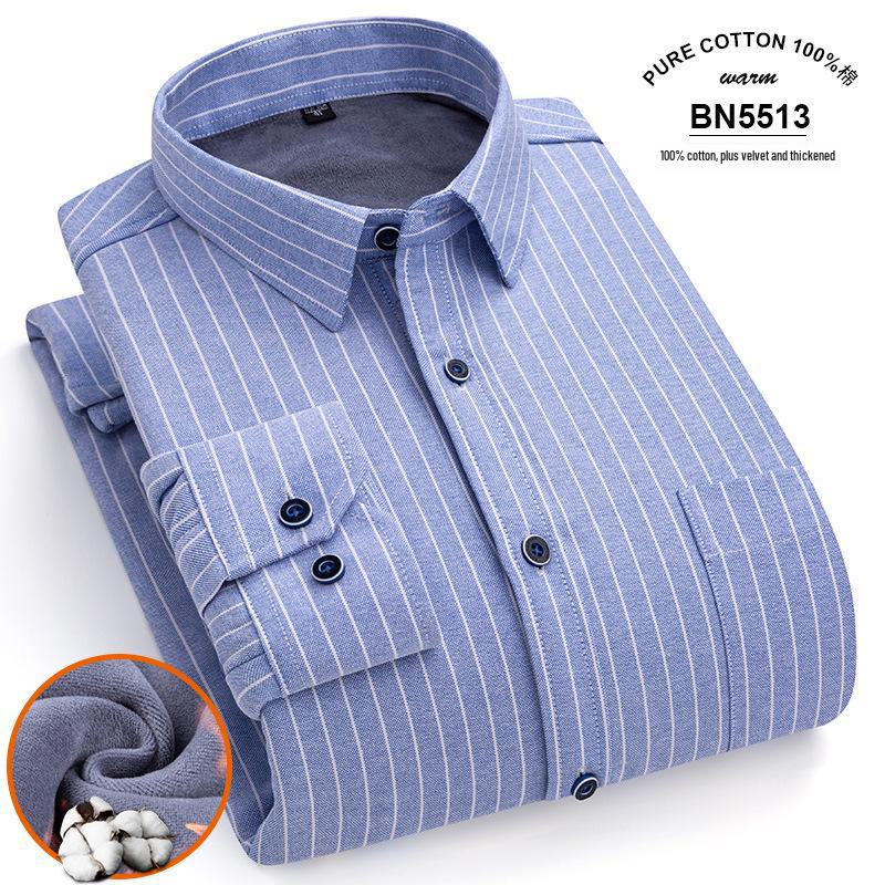 Men's Long Sleeve Cotton Plaid Shirt with Velvet Lining