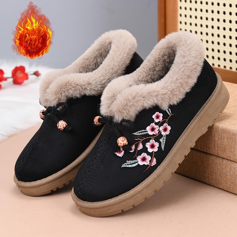 Winter Women's Thickened Warm Casual Shoes Flat Embroidered Cotton Boots