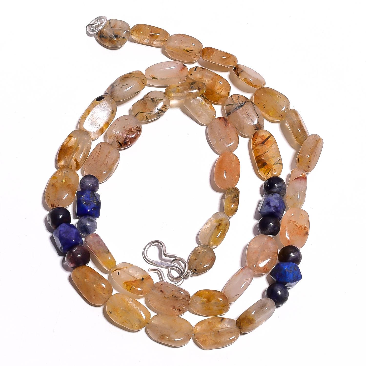 

Natural Rutile Quartz Lapis Lazuli Iolite Gemstone Beads Necklace 17 UB-4109 UB-4109