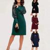 Women's Fall Dress European American Style Round Neck Long Sleeve Hollow Lace Splicing Slim Waist Elegant Party Dress