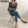 Autumn Winter Women Solid Sweaters Knitted V-neck Cross Wild Fashionable Sexy Pullovers Female Lady Vintage Tops Knitwear