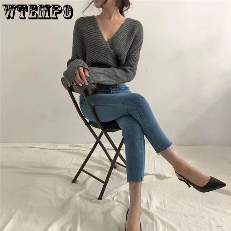 Autumn Winter Women Solid Sweaters Knitted V-neck Cross Wild Fashionable Sexy Pullovers Female Lady Vintage Tops Knitwear