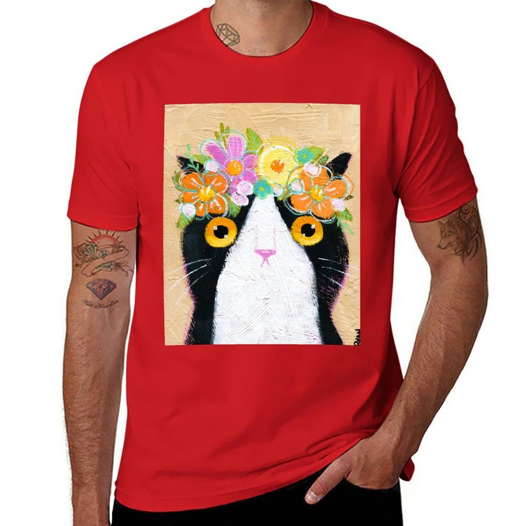 Kittys Flower Crown TShirt Aesthetic Clothes Customs for a Boy Black Tshirts for Men