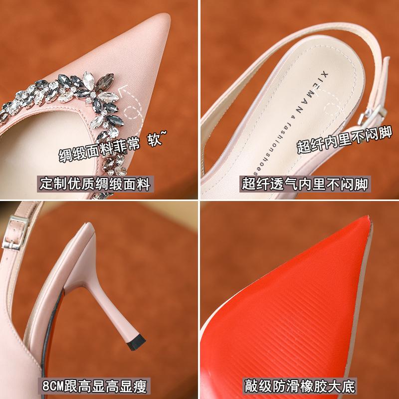-B new pointed front bag rear empty fairy satin high heels thin heel rhinestone temperament single shoes woman