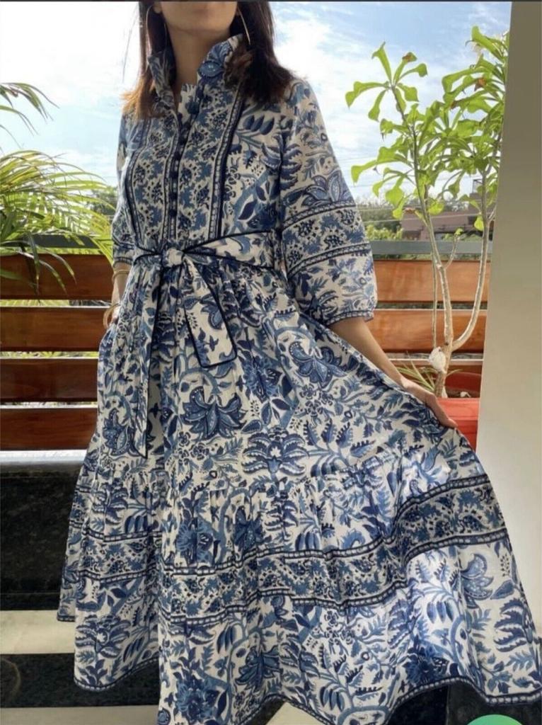 HandBlock Print Dress Jaipur Morni Cotton Summer Midi Dress Blue Cotton Shirt Dress with Belt,pockets