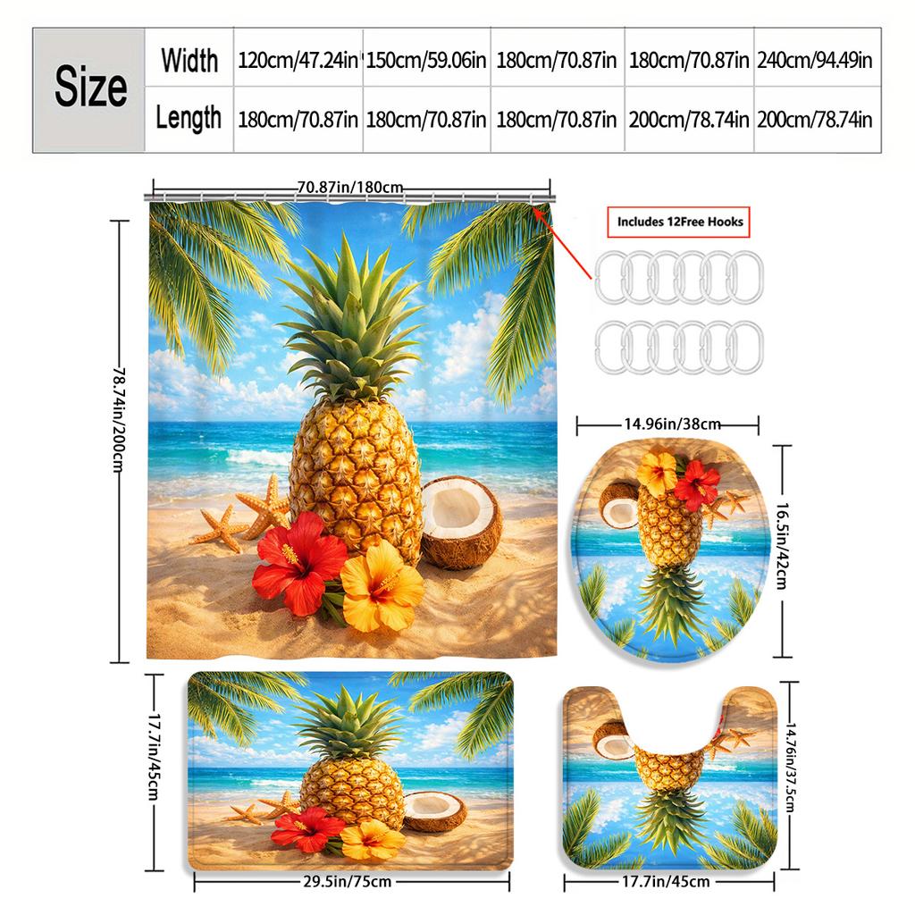 4Pcs 2D Flat Tropical Beach Shower Curtain Set with Non-Slip Bath Mat, Toilet Lid Cover, Contour Rug & 12 Hooks, Bathroom Decor