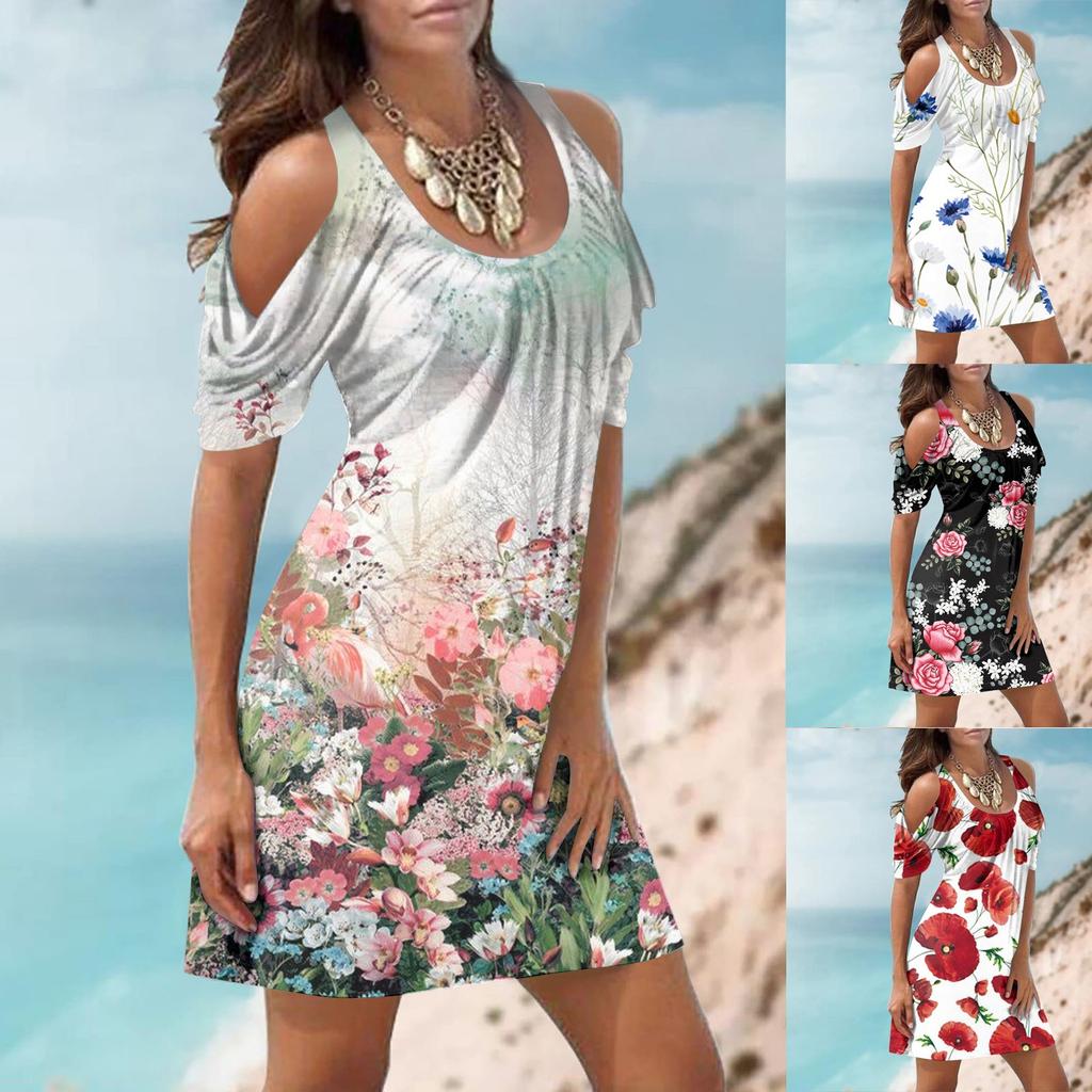 Women's Elegant And Sexy Two-Shoulder Cut-Out Flower Print Short-Sleeved Beach Dress