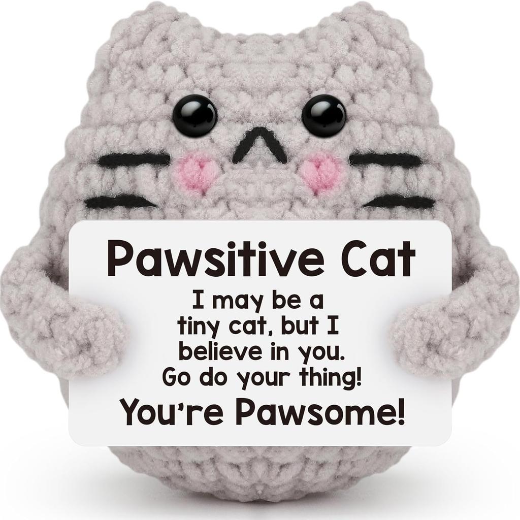 Handmade Knitted Cat Doll With Positive Card Home Room Decoration Funny Crochet Emotional Support Cat Ornament Christmas Gift