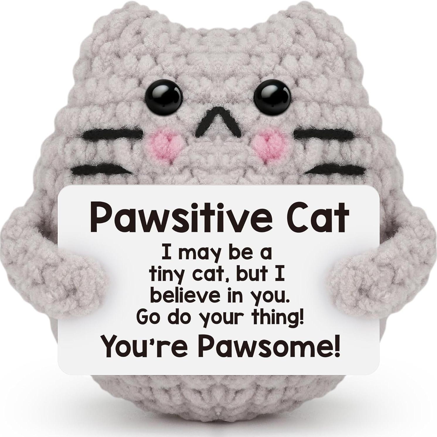 

Handmade Knitted Cat Doll With Positive Card Home Room Decoration Funny Crochet Emotional Support Cat Ornament Christmas Gift