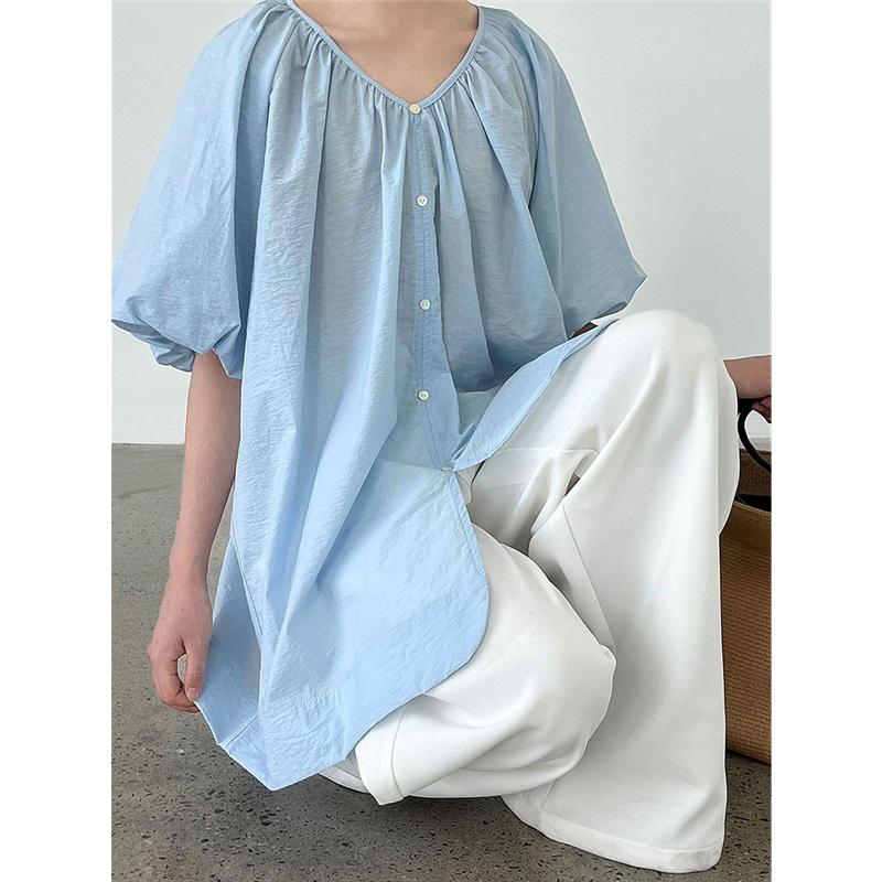 French V Neck Loose Puff Sleeve Shirt For Women Summer Reversible Cardigan Casual Top Loose Fit Blouse Comfortable Women's Shirt Stylish Top