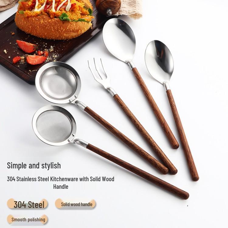 Stainless Steel Spoon & Fork Set with Wood Handle for Buffet & Hot Pot