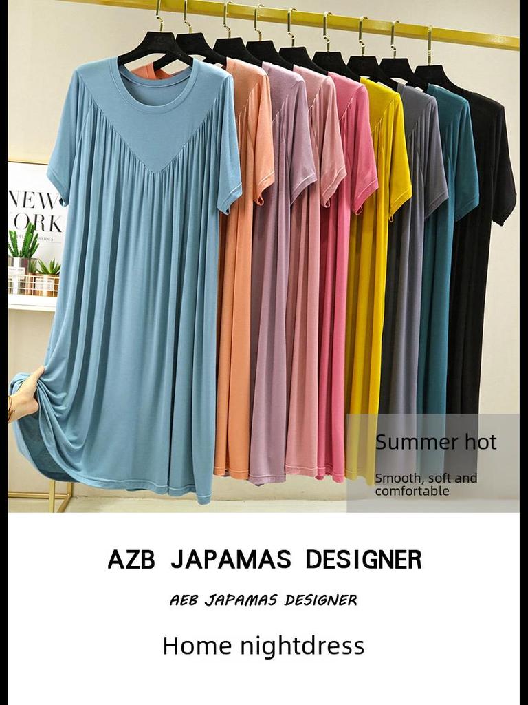 Modal Summer Nightdress - Plus Size, Casual, Short-Sleeved, V-Neck, Pleated Long Skirt