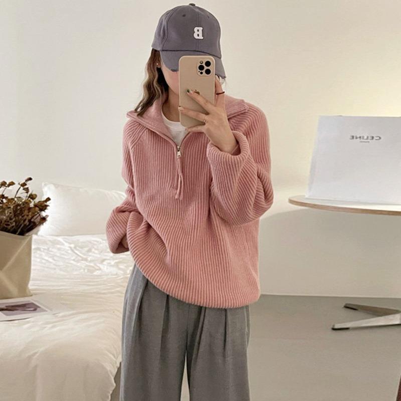 Autumn Winter Stand Collar Loose Casual Zipper Pullover Sweater Women Solid Color All-match Bottomed Knitting Top