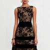 Europäischer und amerikanischer Stil, schwarzes Netz, Beflockung, Jacquard, Patchwork, eng anliegendes Kleid, Kleid, Kleid