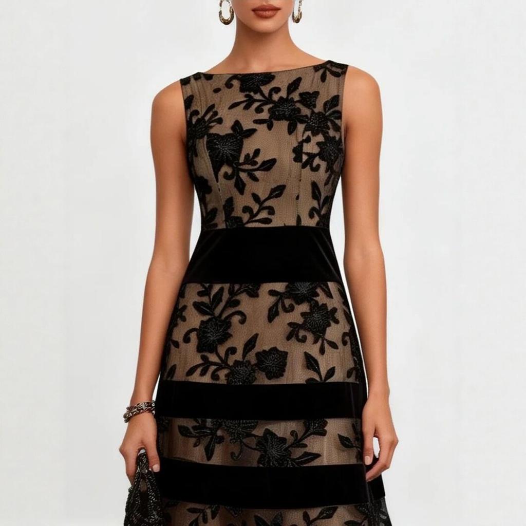 Europäischer und amerikanischer Stil, schwarzes Netz, Beflockung, Jacquard, Patchwork, eng anliegendes Kleid, Kleid, Kleid