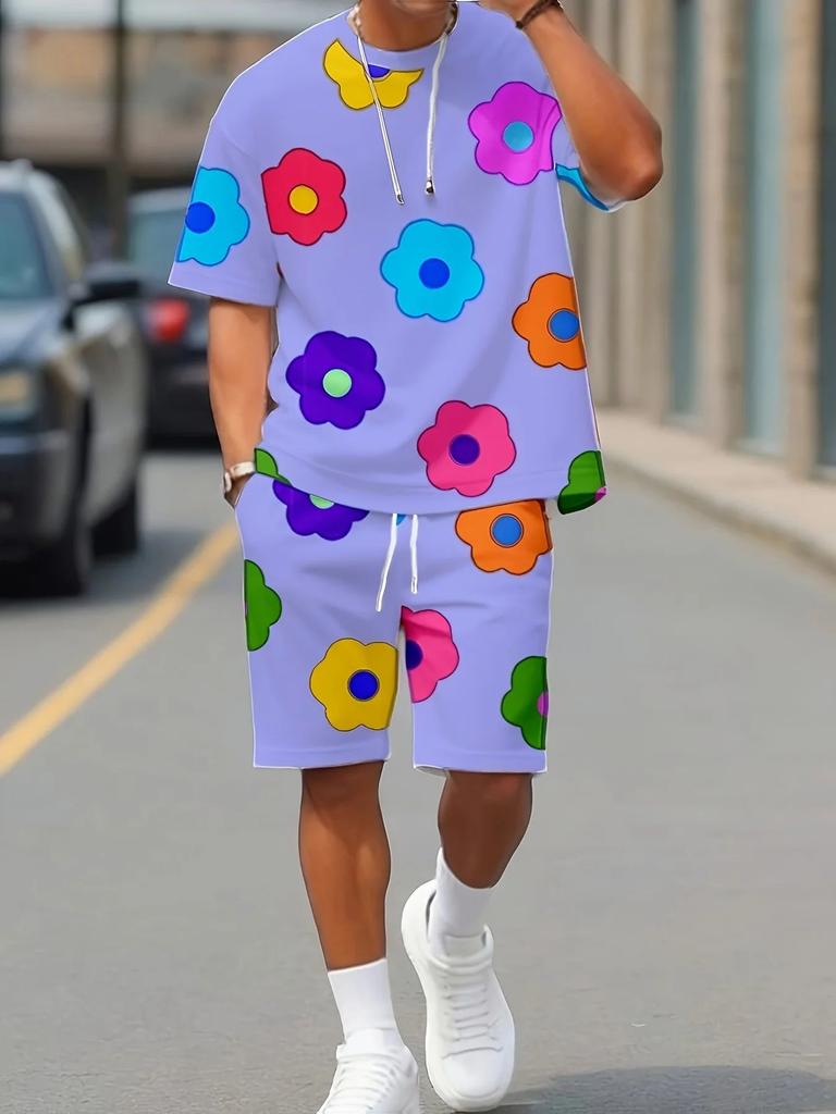 Men's Set Summer New with Colorful Flower 3D Prints, Casual Set with Round Neck, Short Sleeve T-shirt and Shorts