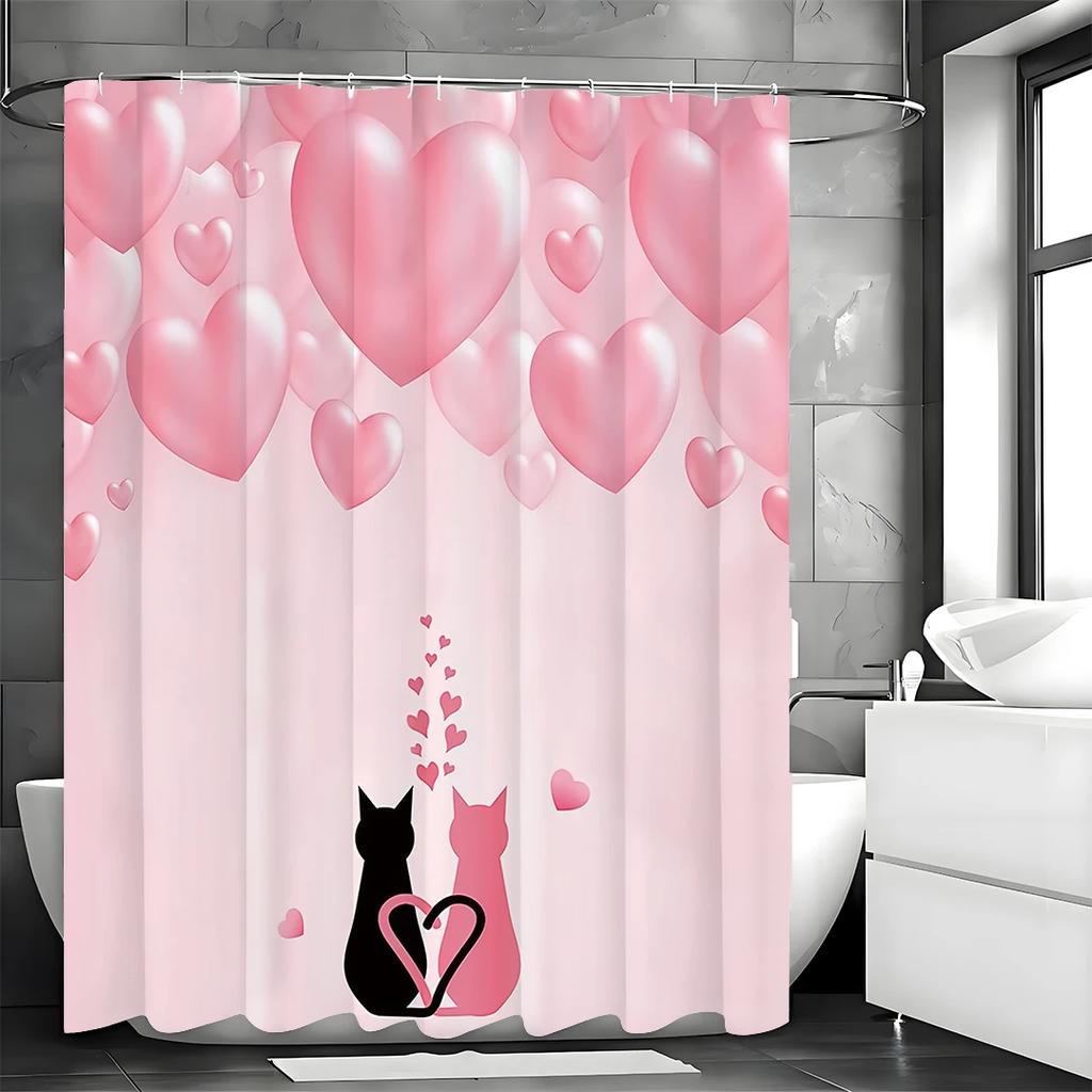 Valentine's Day Black Pink Cat Pink Love Shower Curtain, Bathroom Decorative Shower Curtain, Waterproof Shower Curtain with Ho